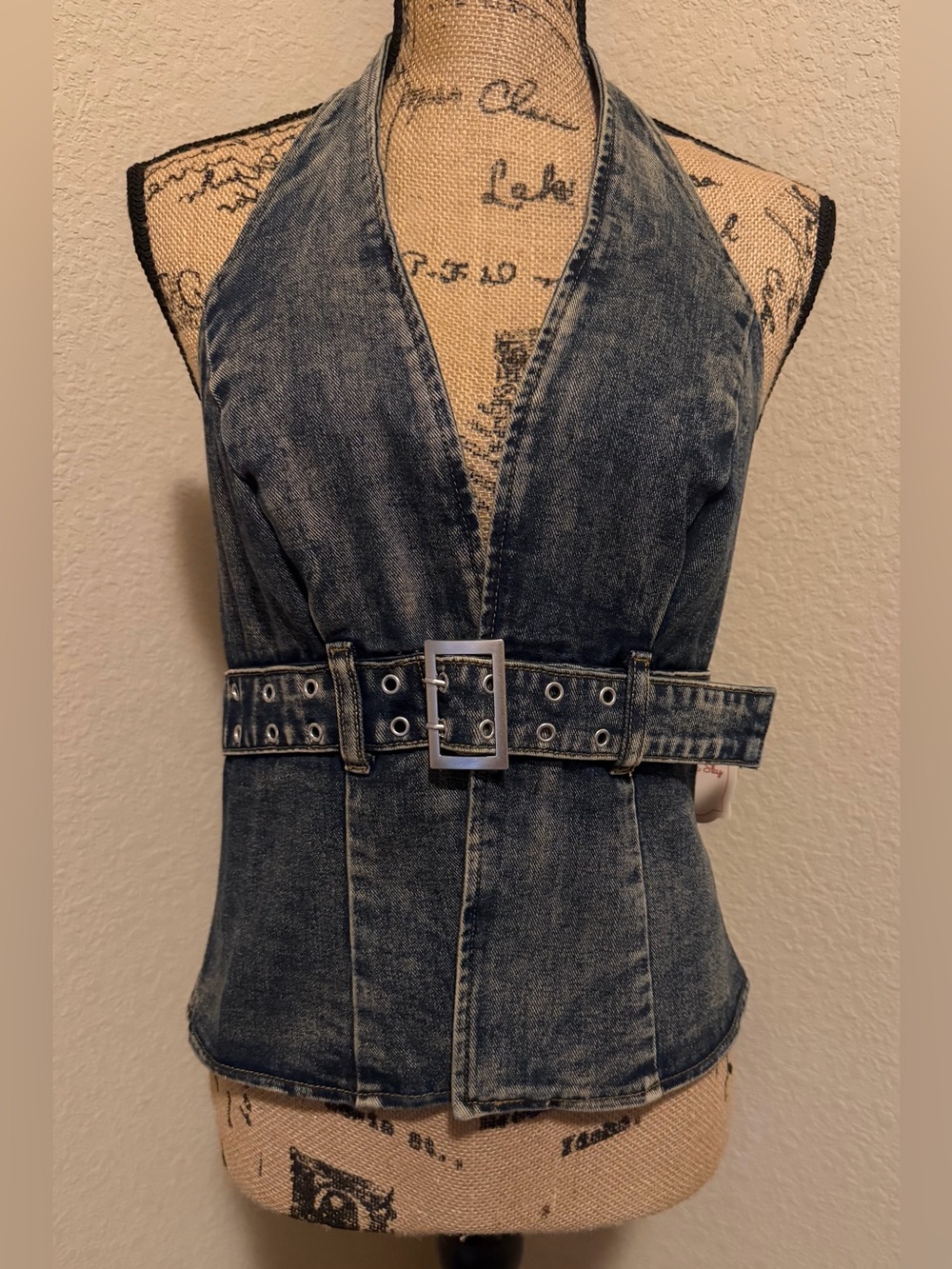Denim Halter Belted Top - Blue